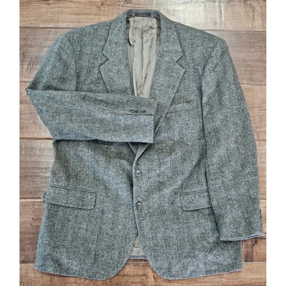 VTG Barrington 46R Grey  Multi Rustic Herringbone Wool‎ Tweed Blazer Sport Coat